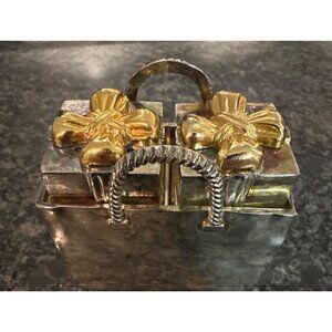 Silver-Plated Gift Bag Salt & Pepper Shakers With Golden Bow Vintage Unpolished